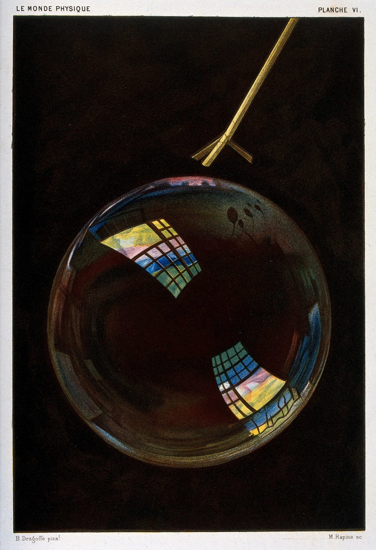 Optics- a soap bubble exhibiting interference colours. Coloured mezzotint [?] by M. Rapine, c. 1883, after B. Desgoffe.