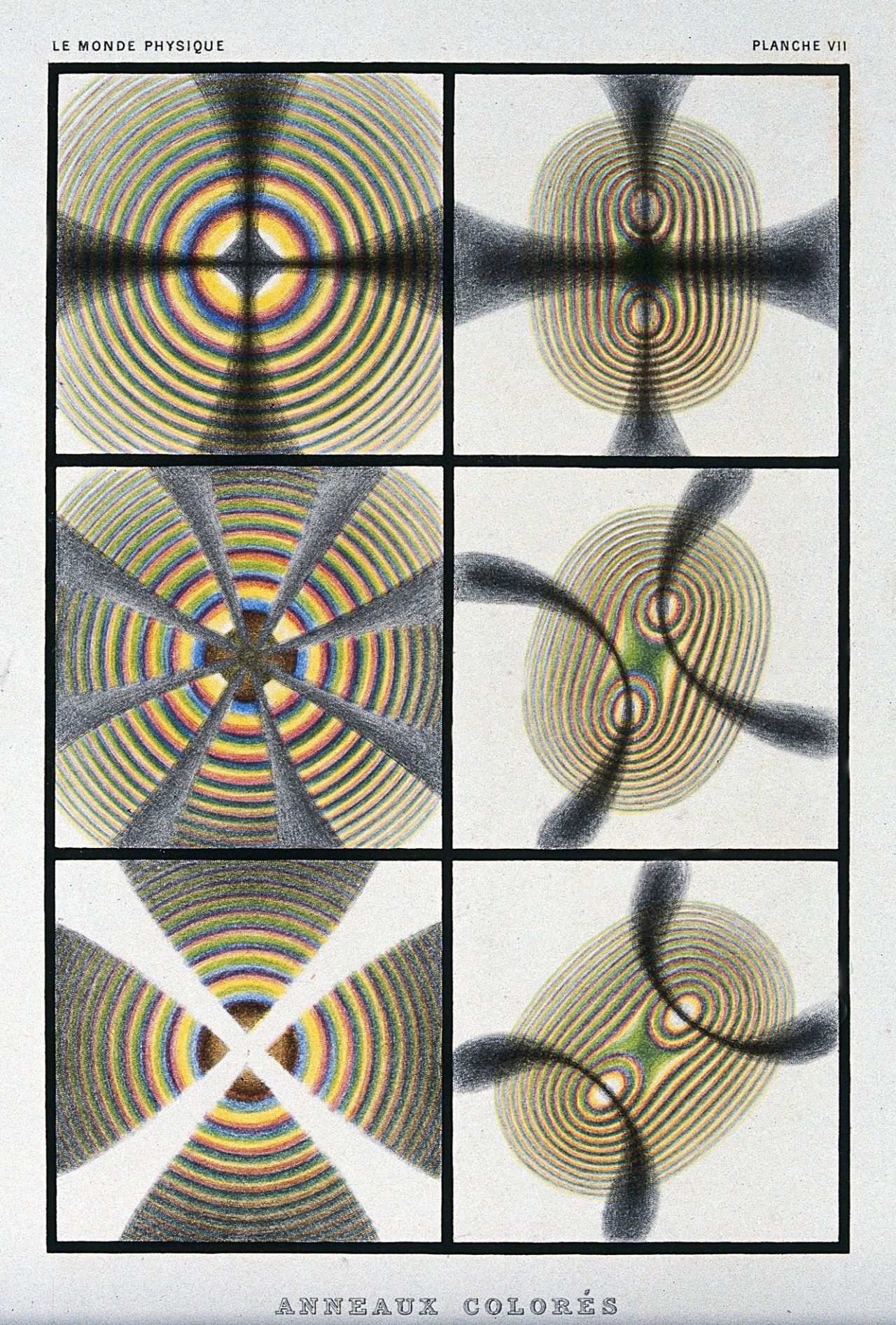 Optics- crystals exhibiting interference colours. Coloured mezzotint [?] by R.H. Digeon, ca. 1883, after J. Silbermann