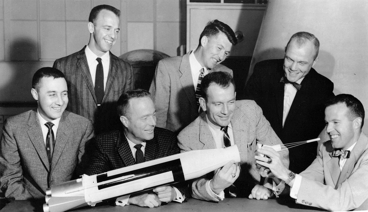 The first Mercury astronauts examine a model of an Atlas rocket - July 12, 1962