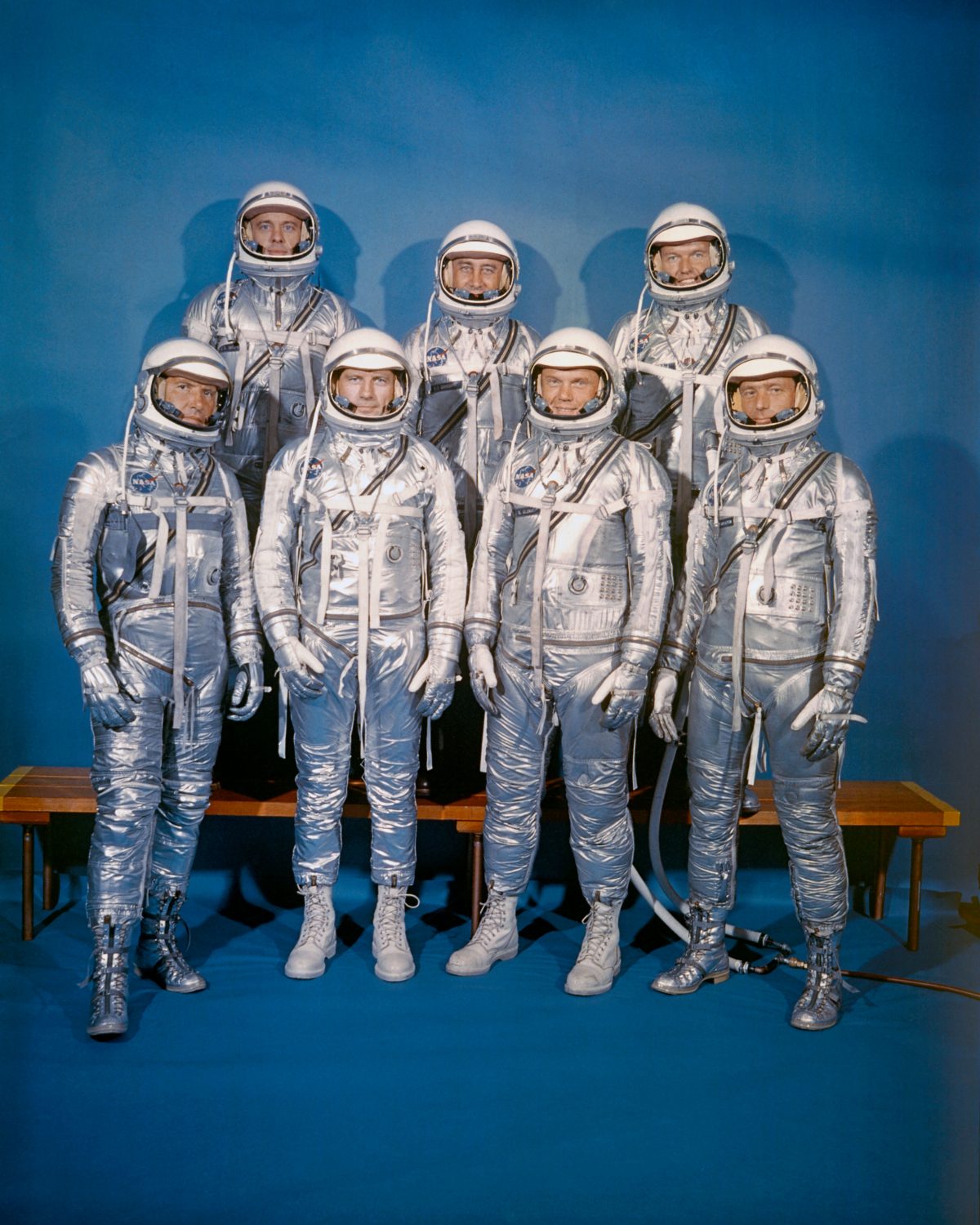 The_Mercury_7 On April 9, 1959, NASA introduced its first astronaut class, the Mercury 7. Front row, left to right: Walter M. Schirra, Jr., Donald K. "Deke" Slayton, John H. Glenn, Jr., and M. Scott Carpenter; back row, Alan B. Shepard, Jr., Virgil I. "Gus" Grissom, and L. Gordon Cooper, Jr.