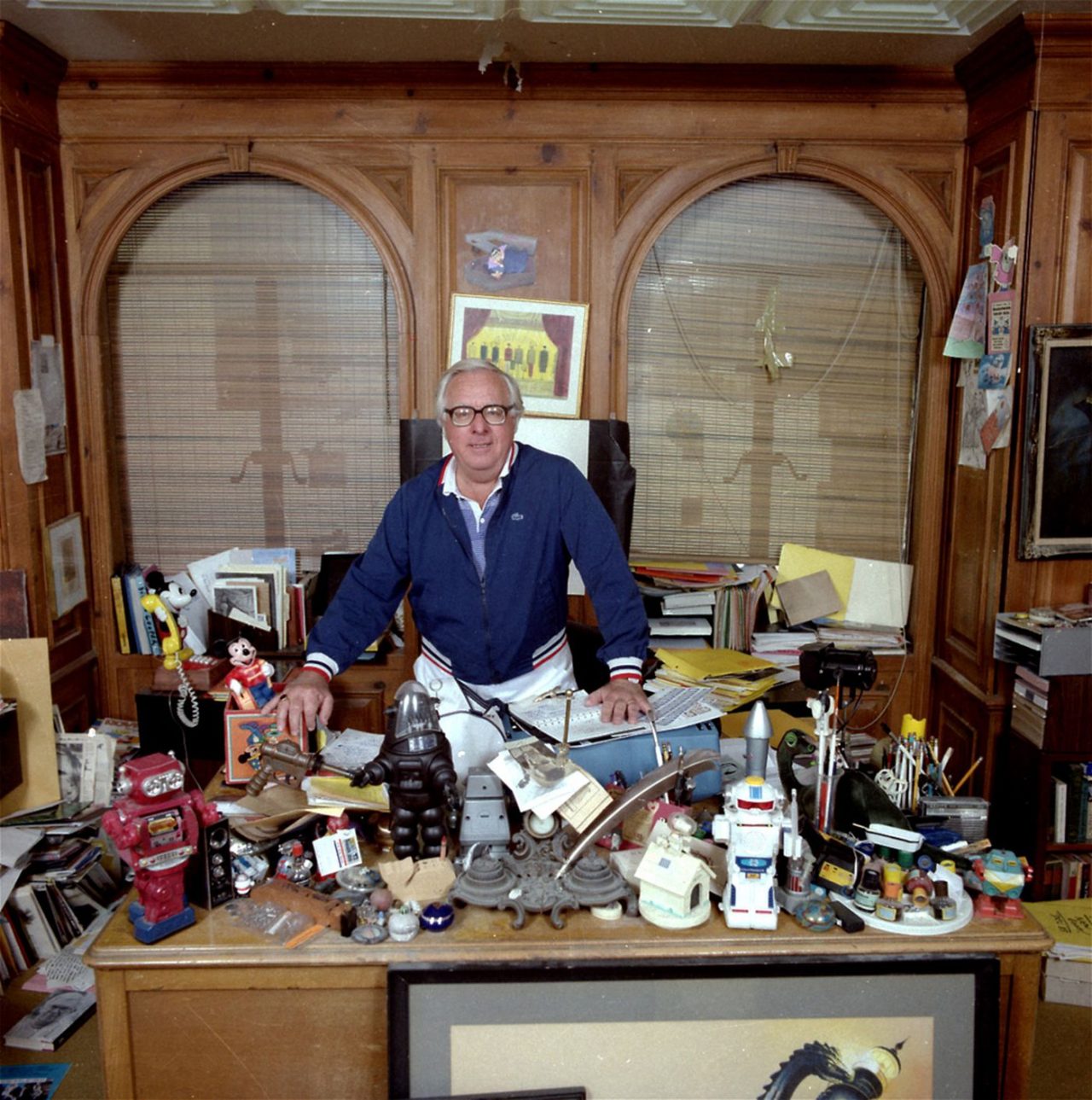 Ray Bradbury, although one of America's most popular and prolific storytellers, has never had his own television series. He has now reached the home screen in his own series, "The Ray Bradbury Theater," on Home Box Office. He's shown in his Beverly Hills office in February 1986, surrounded by an unlimited supply of toys and treasures.
