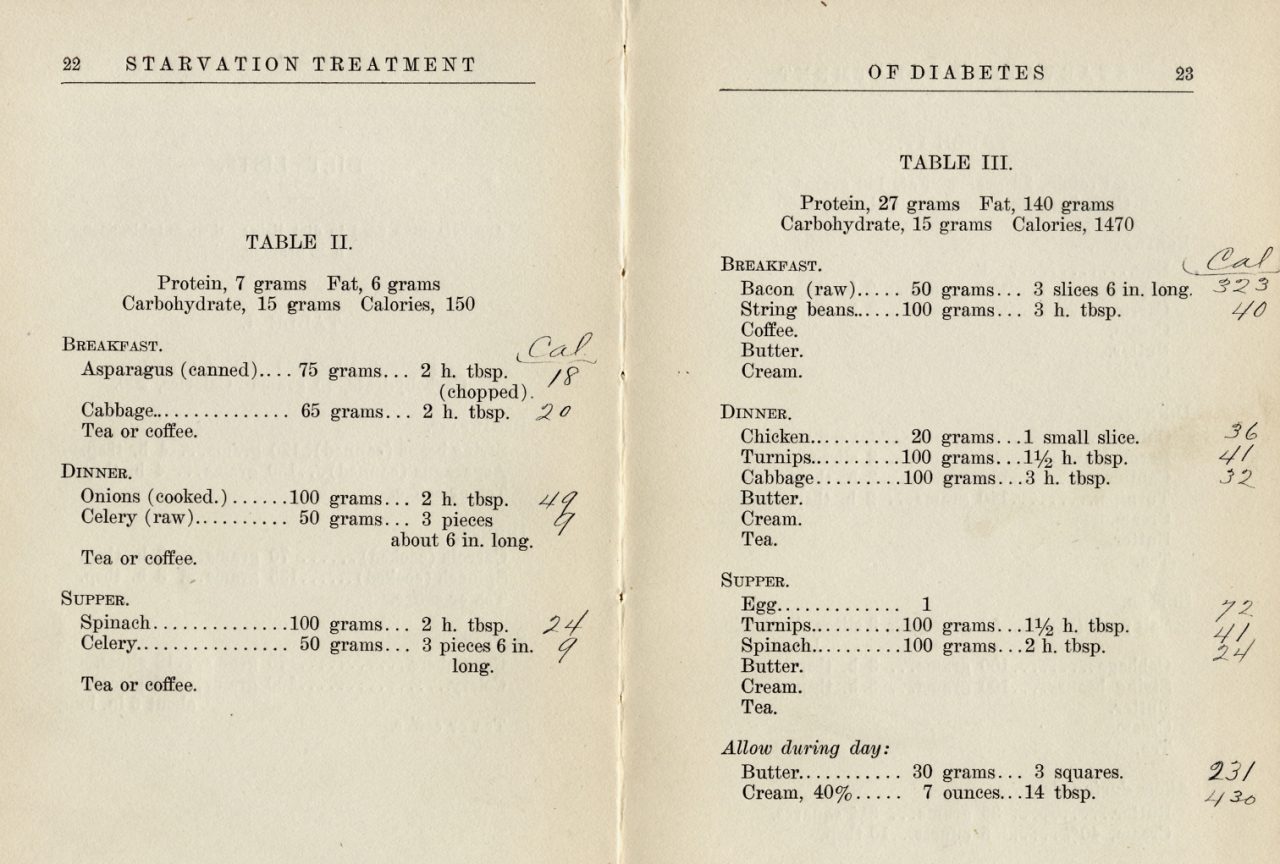 Starvation Diet Detail, from The Starvation Treatment of Diabetes by Lewis Webb Bill, M.D. and Rena S. Eckman, Dietician. 1915.