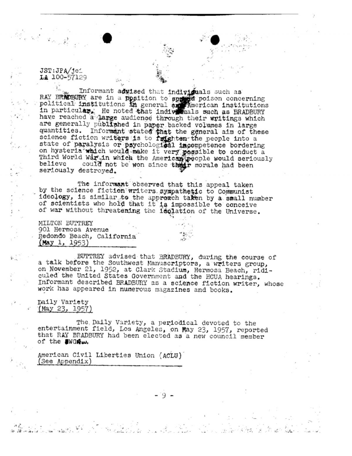 Ray Bradbury FBI files 