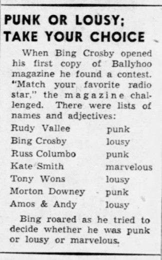 Bing Crosby remembers the Ballyhoo ‘punk’ feature from the early thirties, 1949 (Source: Minneapolis Star Tribune)