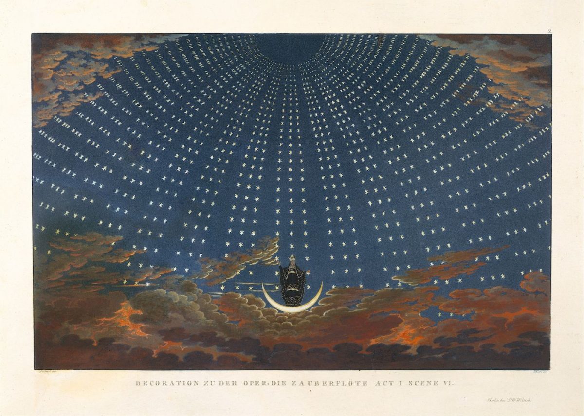 Design for Mozart’s The Magic Flute: The Hall of Stars in the Palace of the Queen of the Night, Act 1, Scene 6. Aquatint printed in colour and hand coloured, print by Karl Friedrich Thiele, after Karl Friedrich Schinkel’s original production designs from 1816, 1847–49 (The Metropolitan Museum of Art, New York) 
