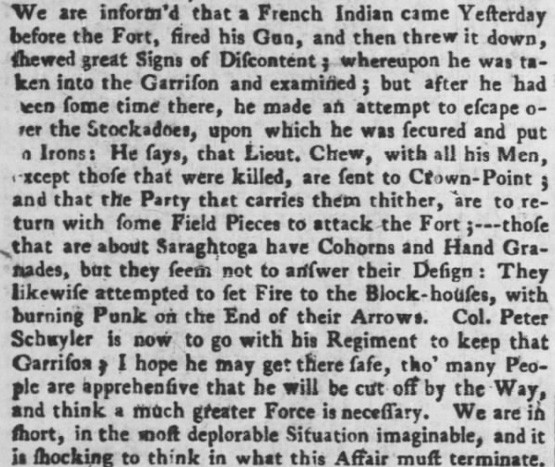 “Burning punk,” mentioned in a 1747 article about an attack on Fort Saratoga (Source: Pennsylvania Gazette)