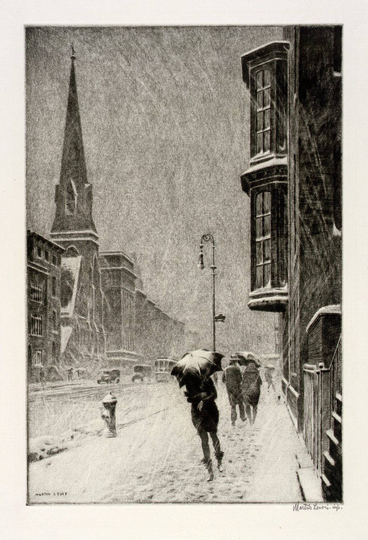 Martin Lewis, Bay Windows (Snowy Day--Lexington Avenue), 1929, drypoint, sandpaper ground, on paper