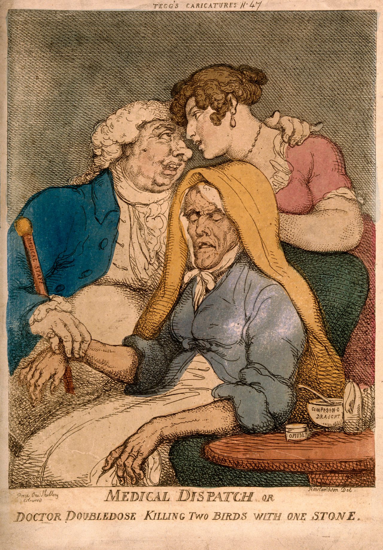 A lecherous doctor taking the pulse of an old woman whilst fondling a young one. Coloured etching by T. Rowlandson, 1810.