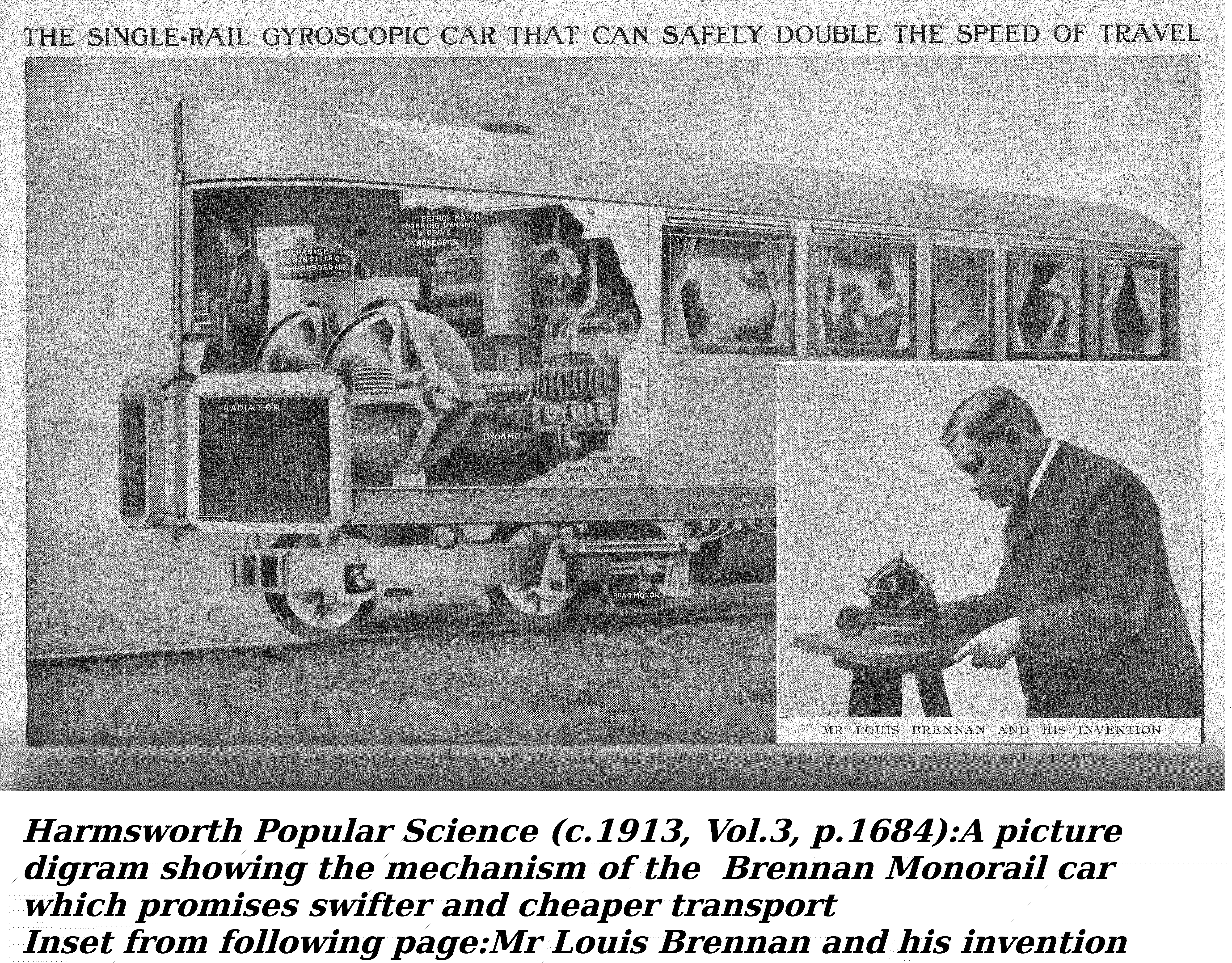  Harmsworth Popular Science (c.1913, Vol.3, p.1684):A picture digram showing the mechanism and style of the Brennan Monorail car which promises swifter and cheaper transport. Inset from following page:Mr Louis Brennan and his invention Date 1 January 1913