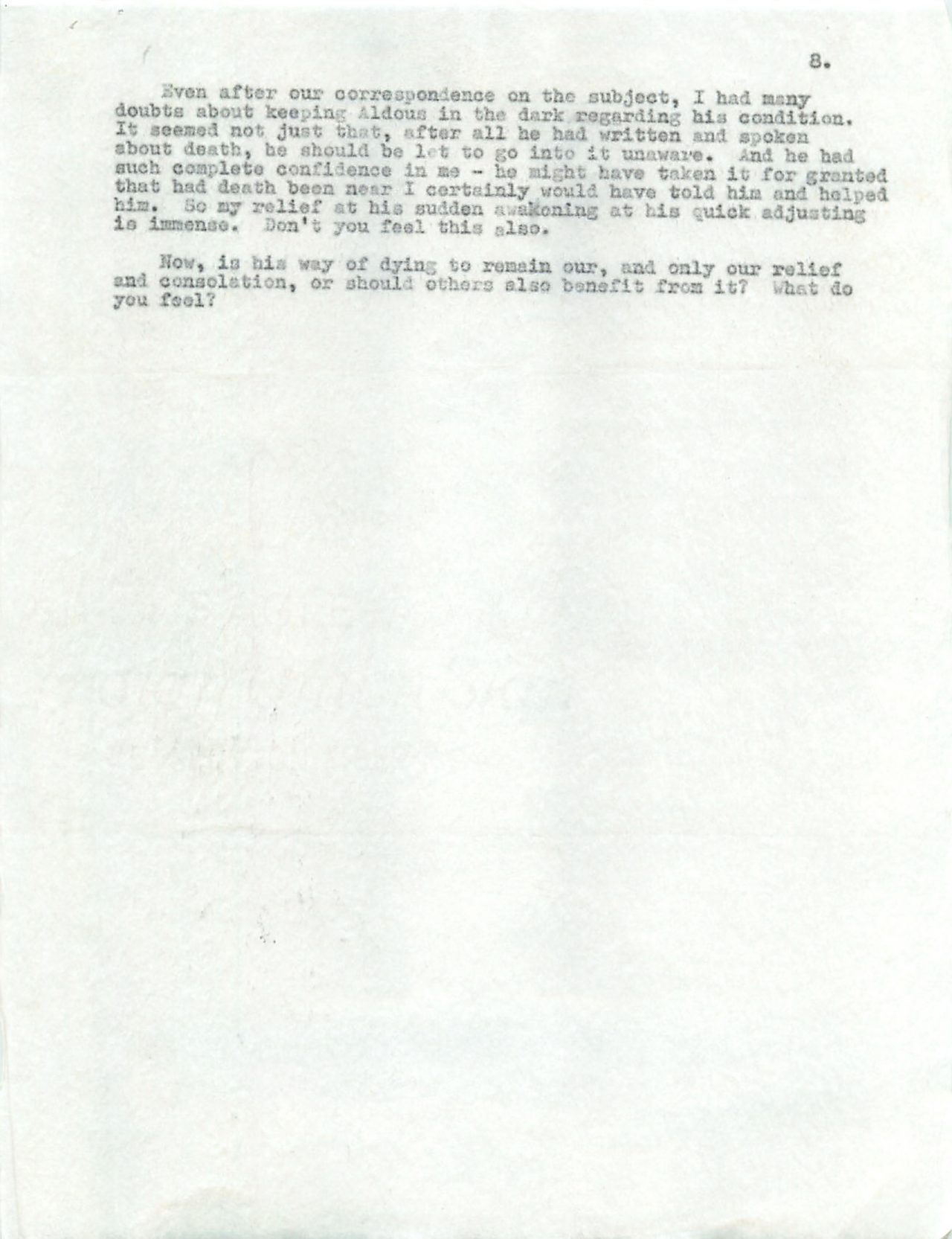 Laura Huxley letter on dying Aldous Huxley on LSD