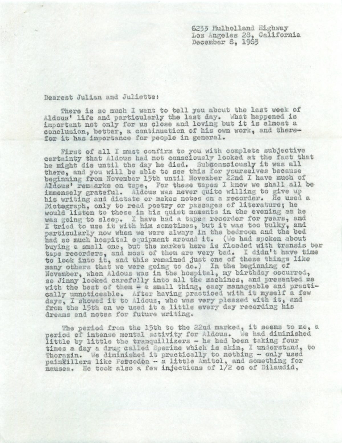 Laura Huxley letter on dying Aldous Huxley on LSD