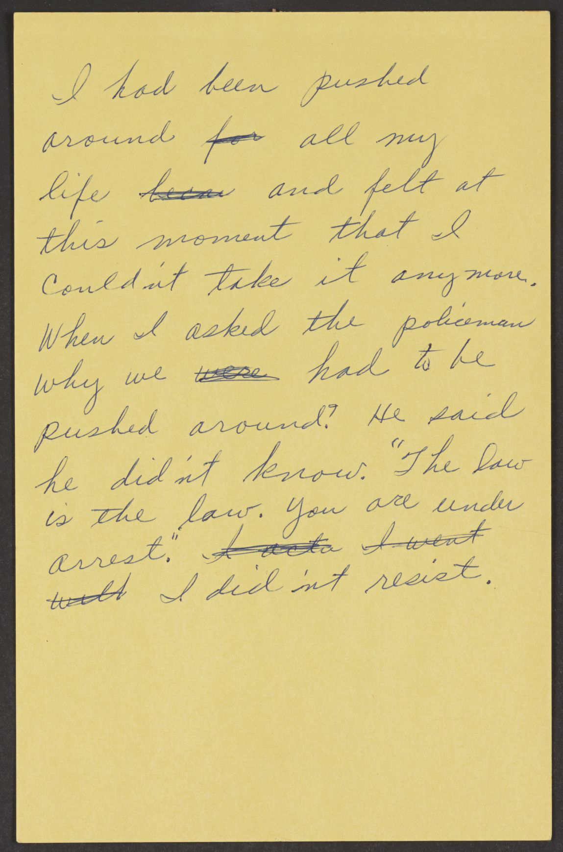 Handwritten draft page from a Rosa Parks speech