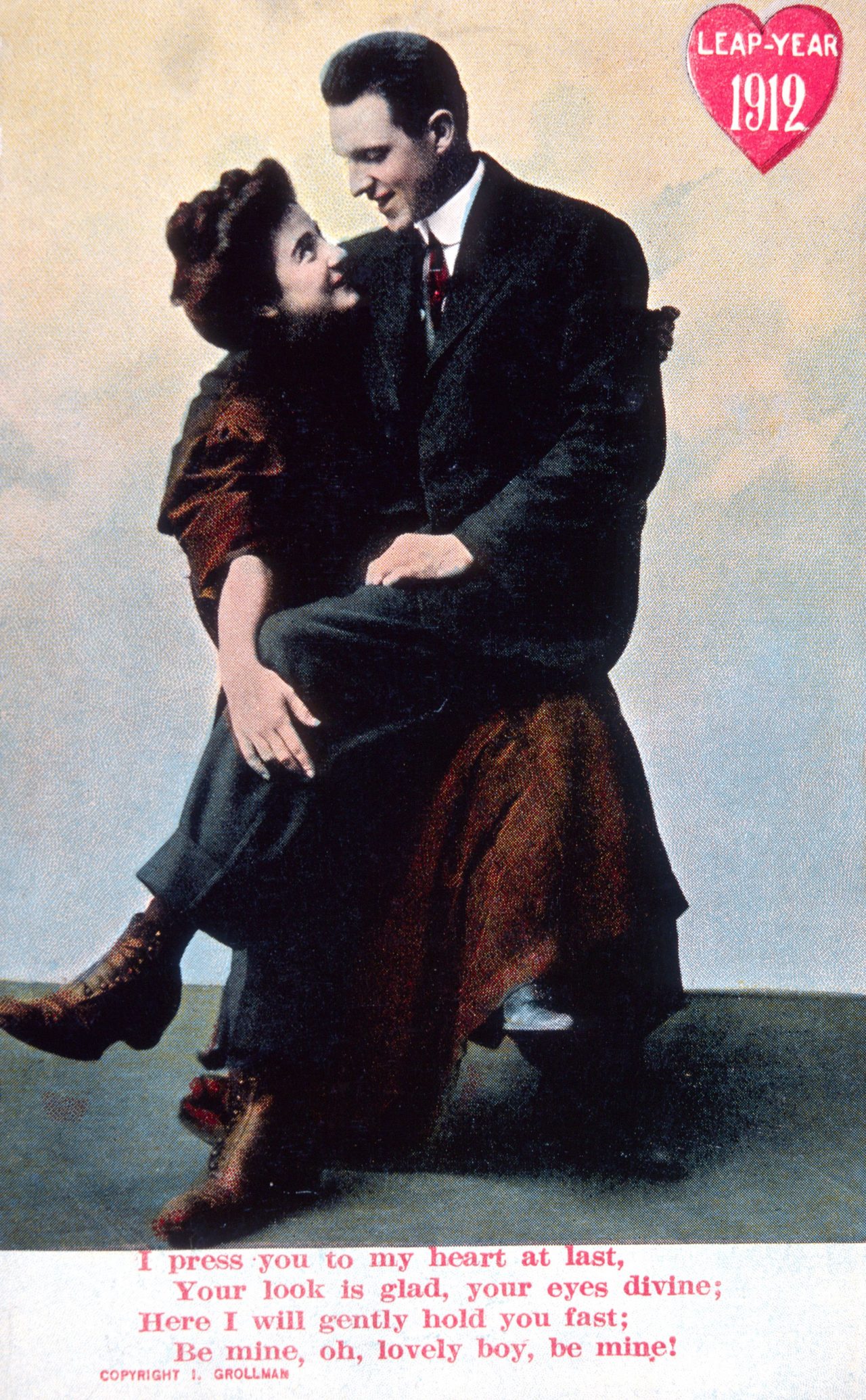 Man Seated on Woman's Lap, Leap Year, Postcard, circa 1912 1912