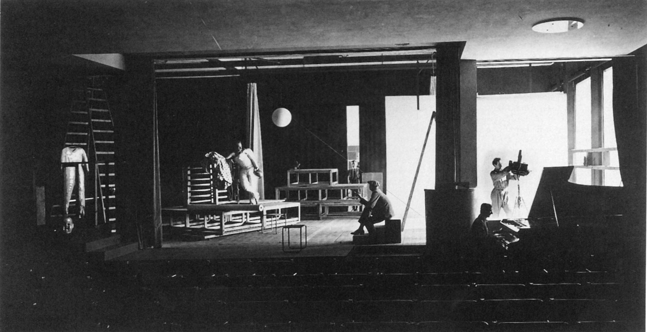 Inside the Bauhaus Dessau theater facility, designed by Walter Gropius (1926). Photo by Erich Consemüller.
