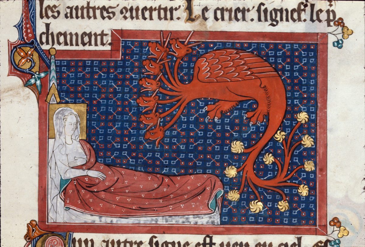 Detail of a miniature of the woman in labour, lying in a bed, and a red dragon with seven heads and ten horns, in illustration of Revelation 12: 2-4. 