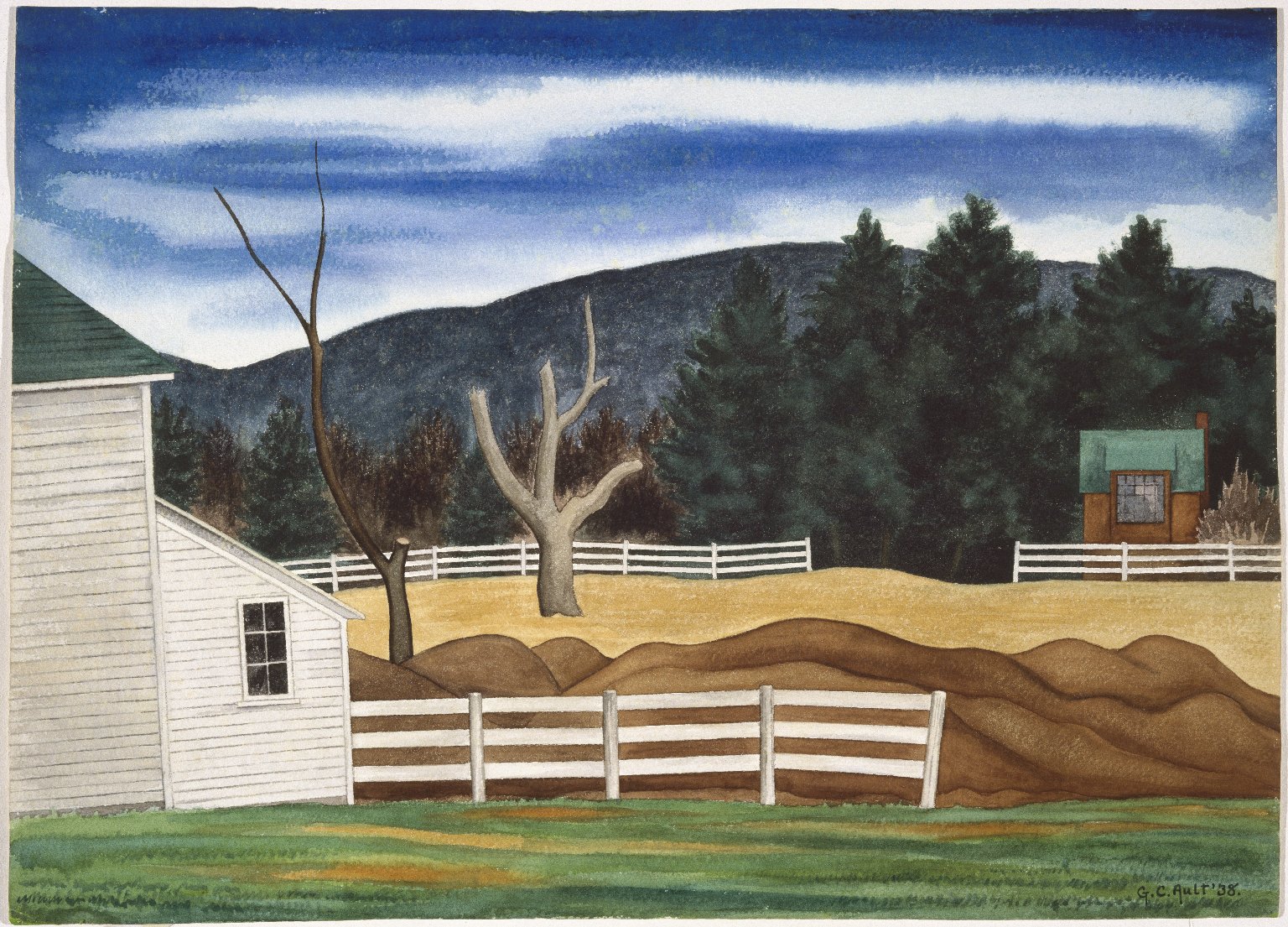 George Copeland Ault (American, 1891-1948). Woodstock Landscape, 1938. Watercolor over graphite on cream-colored, very thick, rough textured wove paper
