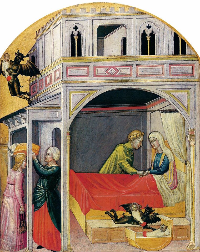 The devil swapping a baby. Artist - Martino di Bartolomeo, Italian , 15th century.