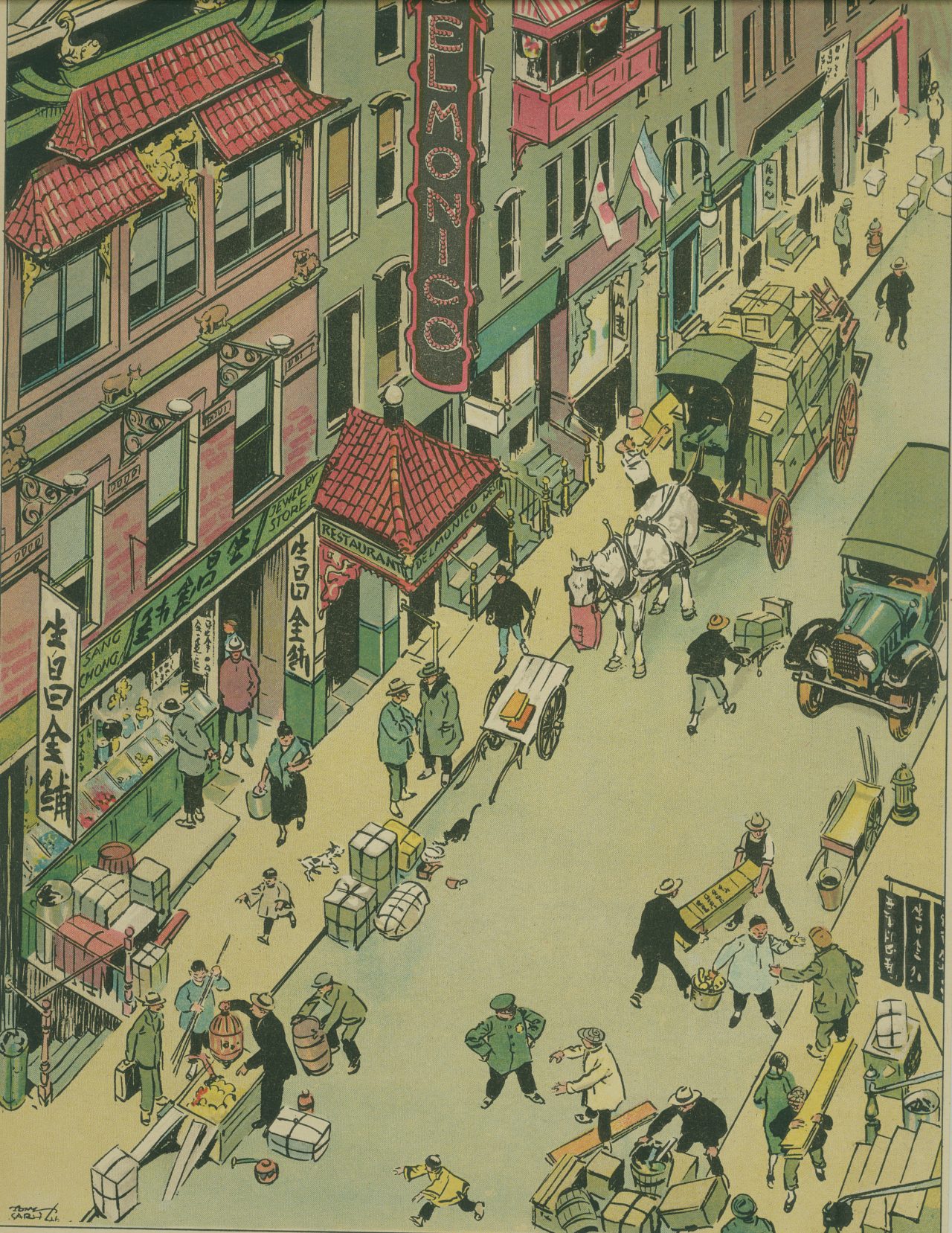 Illustrated plate by Tony Sarg "Chinatown" Matted print depicting vivid scene in Chinatown; pagoda-like roofs and awnings on buildings; Chinese vertical banners advertising businesses; commercial activity involving people.