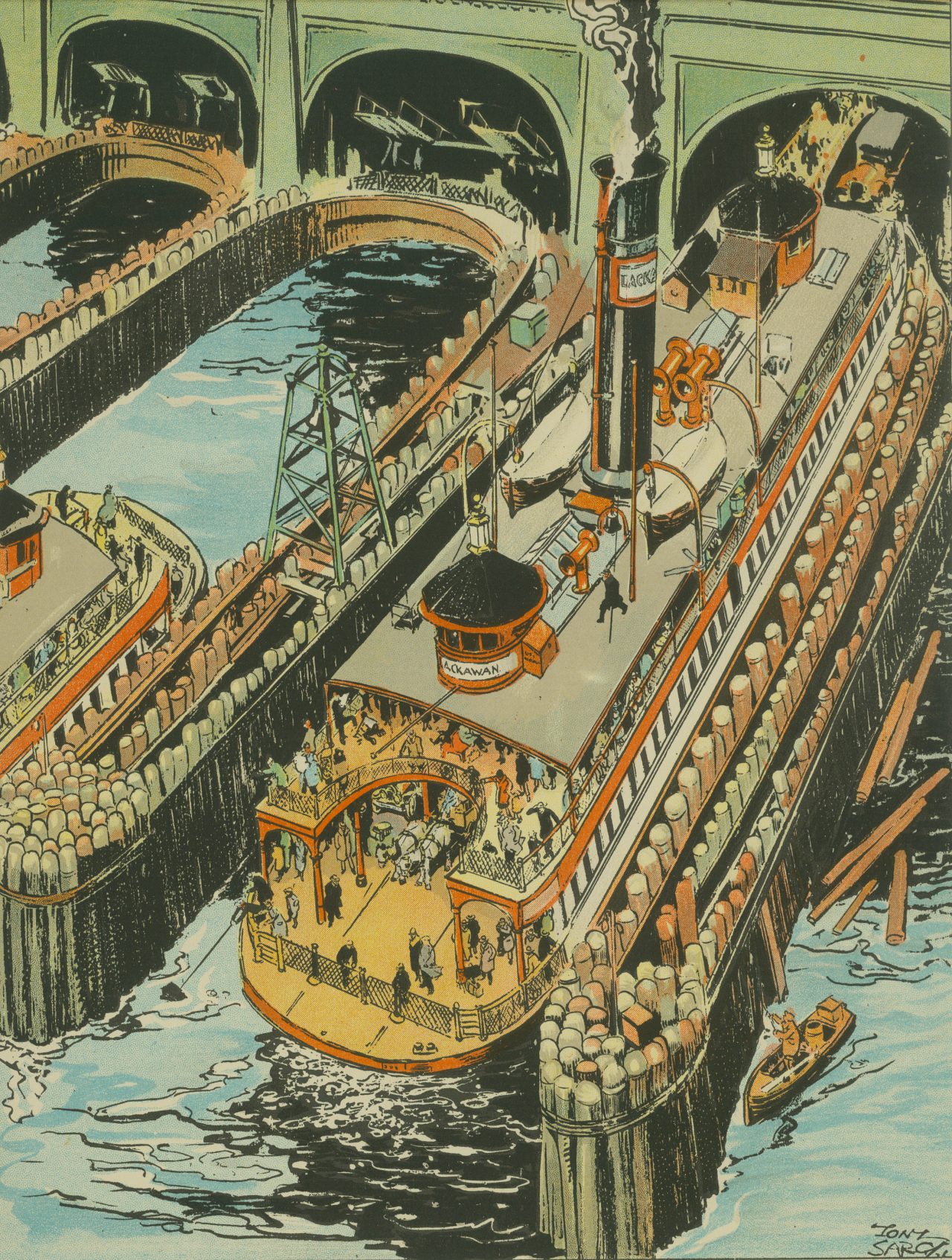 Illustrated plate by Tony Sarg "The Twenty Third Street Ferry Slip" Matted print depicting scene of the ferry slip; ferry is docked at slip with numerous passengers on board.