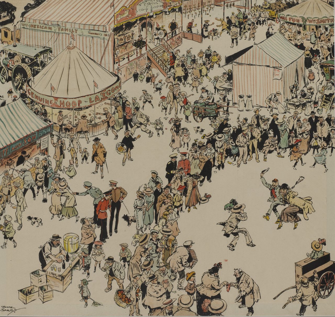 'Appy 'Ampstead Plate from "Humours of London" by Tony Sarg. Published by the Electric Underground Railway Company, printed by Johnson Riddle & Co. Color print. People at a carnival or fair. Couple dances while crowd watches; several tents or buildings host games or rides. Originally large bound folio, 13 humorous scenes of London. July in the Underground calendar for 1914