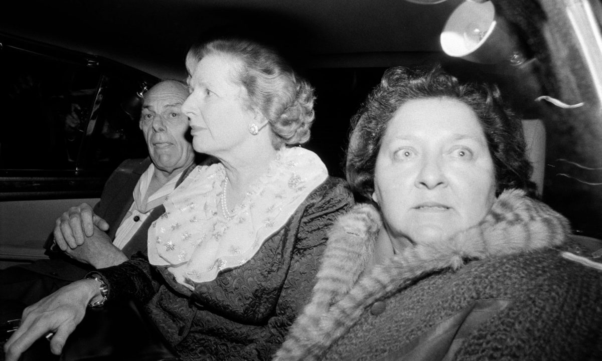Margaret Thatcher, husband Denis and friend and aide Cynthia Crawford leave Brighton’s Grand Hotel after the IRA bomb attack, 12 October 1984