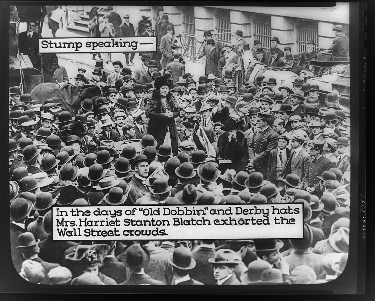 Title: In the days of "Old Dobbin" and Derby hats Mrs. Harriot Stanton Blatch exhorted the Wall Street crowds Related Names: League of Women Voters (U.S.) Records. Date Created/Published: [between 1915 and 1920(?)]