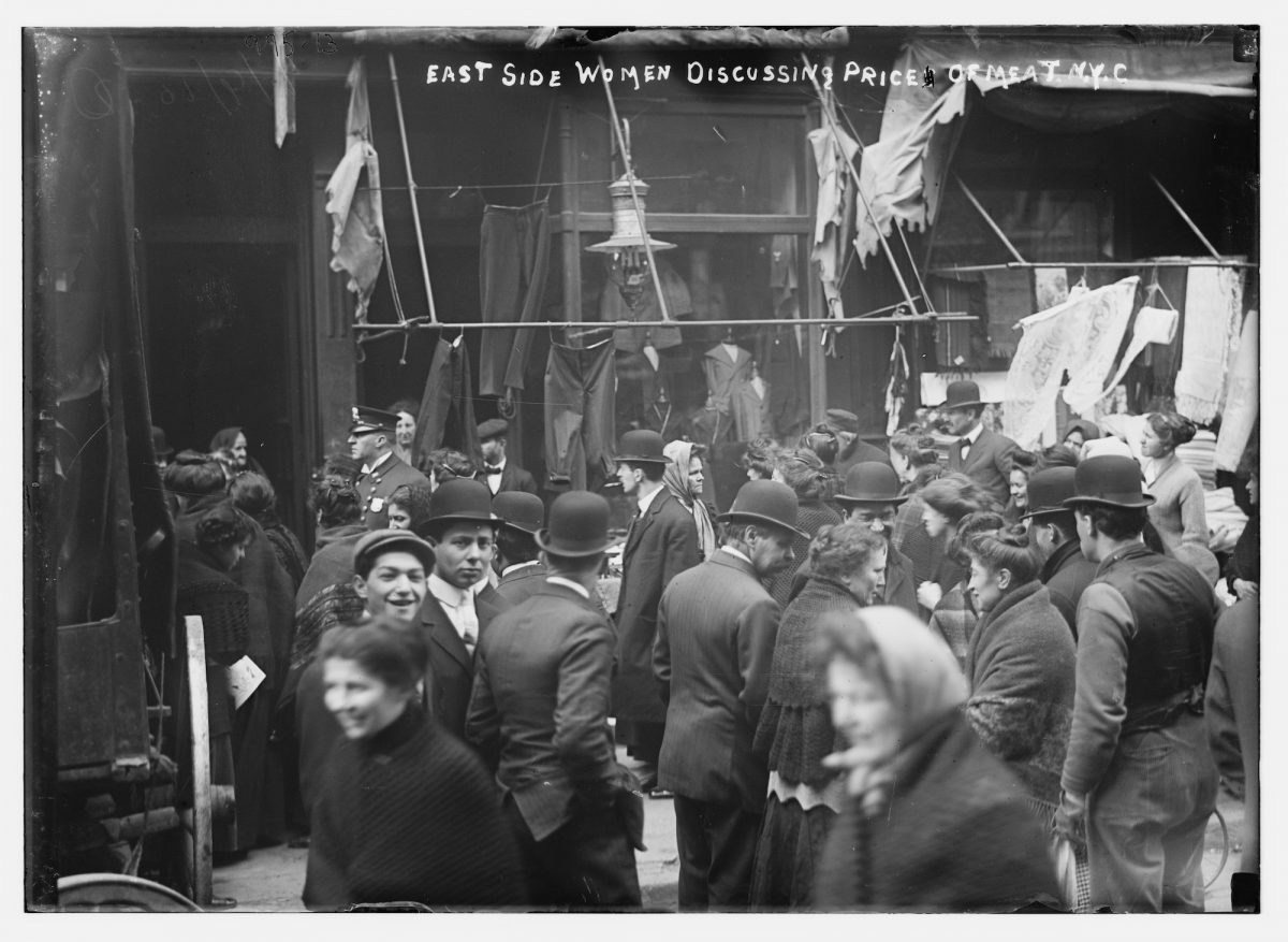 Title: East side crowd discussing price of meat in front of shops, New York Creator(s): Bain News Service, publisher Date Created/Published: 1910