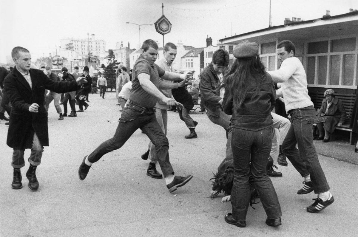 Skinheads on the attack at Southend-on-Sea, Essex, 7 April 1980.