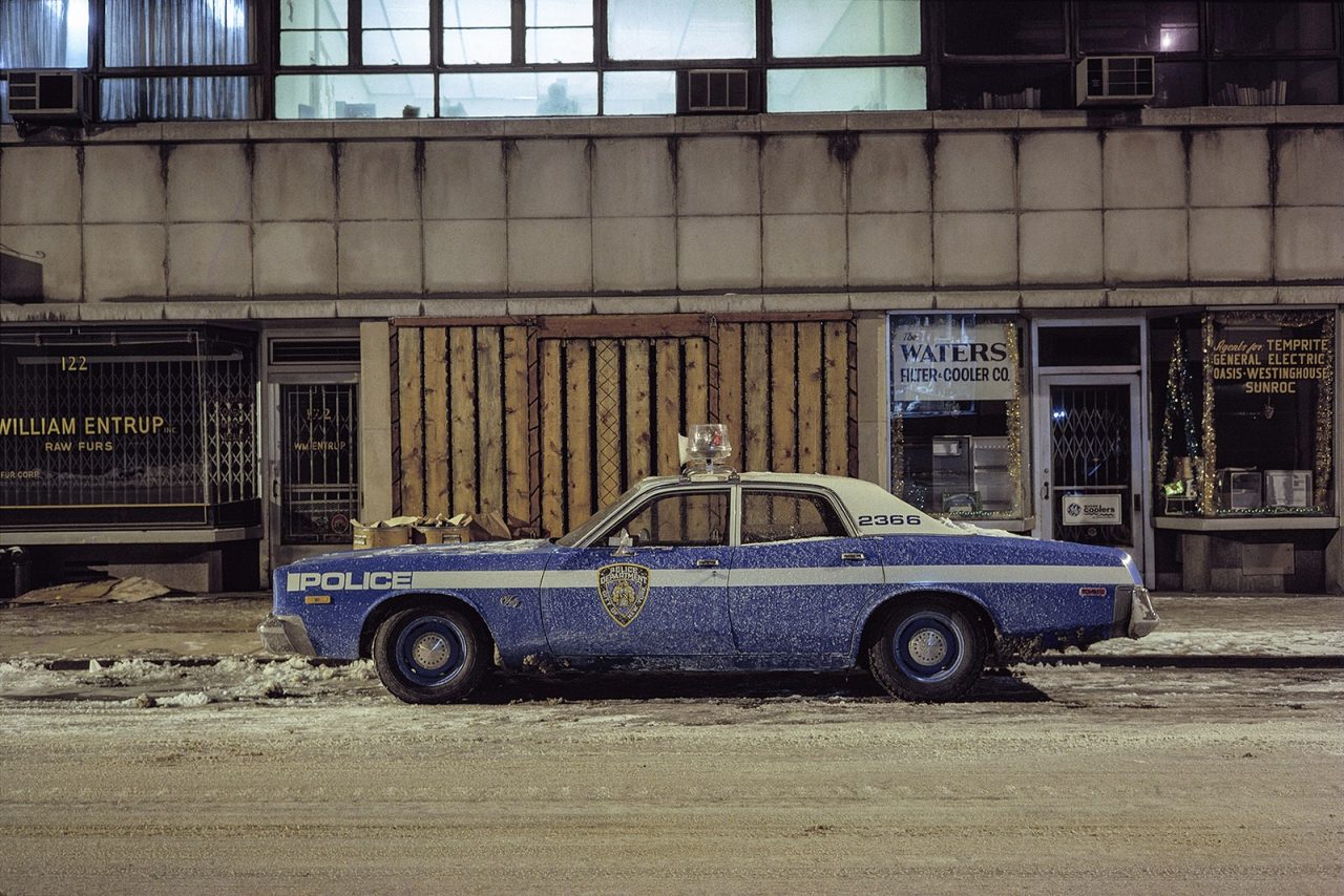 Kojak cop car, Plymouth Fury, in the Twenties garment district, 1975