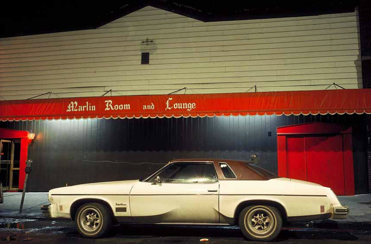 Marlin Room car, Cutlass Supreme in front of Marlin Room and Lounge connected to Clam Broth House, Hoboken, New Jersey, 1975