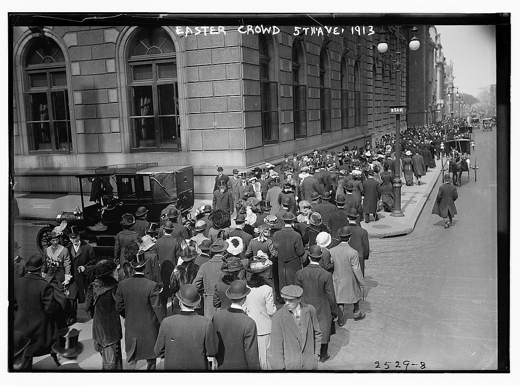 Title: Easter crowd - 5th Ave., 1913 Creator(s): Bain News Service, publisher Date Created/Published: 1913 [March 23] Medium: 1 negative : glass ; 5 x 7 in. or smaller. Summary: Photo shows Fifth Avenue, New York City on Easter day, March 23, 1913.