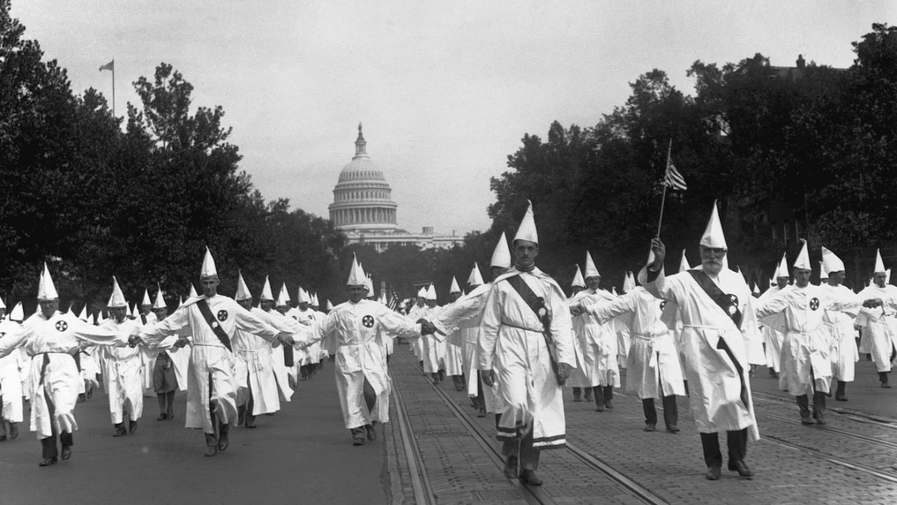 Ku Klux Klan members hold a march in Washington, D.C., on Aug. 9, 1925.