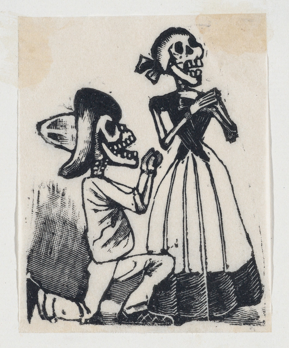 A male skeleton on his knees before a female skeleton (vignette for the feast of the dead) ca. 1890–1910 José Guadalupe Posada