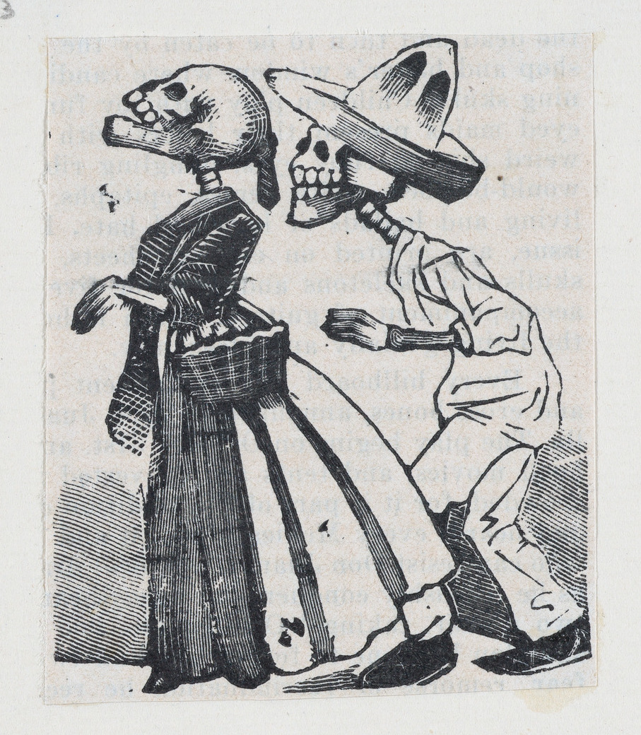 A male skeleton walking behind a female skeleton (vignette for the feast of the dead) ca. 1890–1910 José Guadalupe Posada
