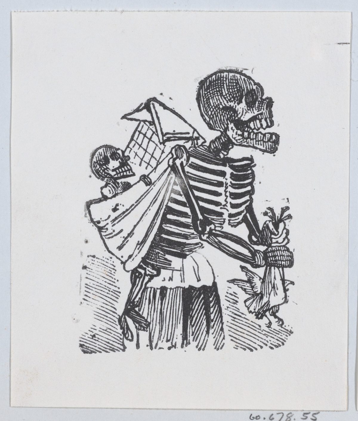 A skeleton picking crops in a field while carrying a baby skeleton on her back ca. 1880–1910 José Guadalupe Posada