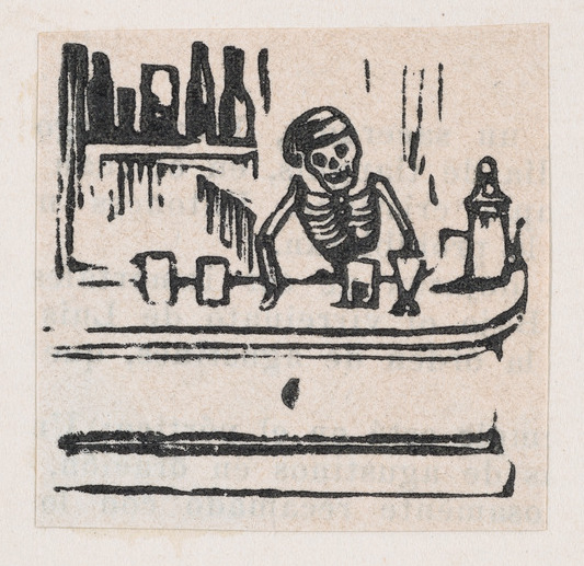 A skeleton serving alcohol, from a broadside enitled 'Medicinas de Patente de mas Fama' ca. 1880–1910 José Guadalupe Posada
