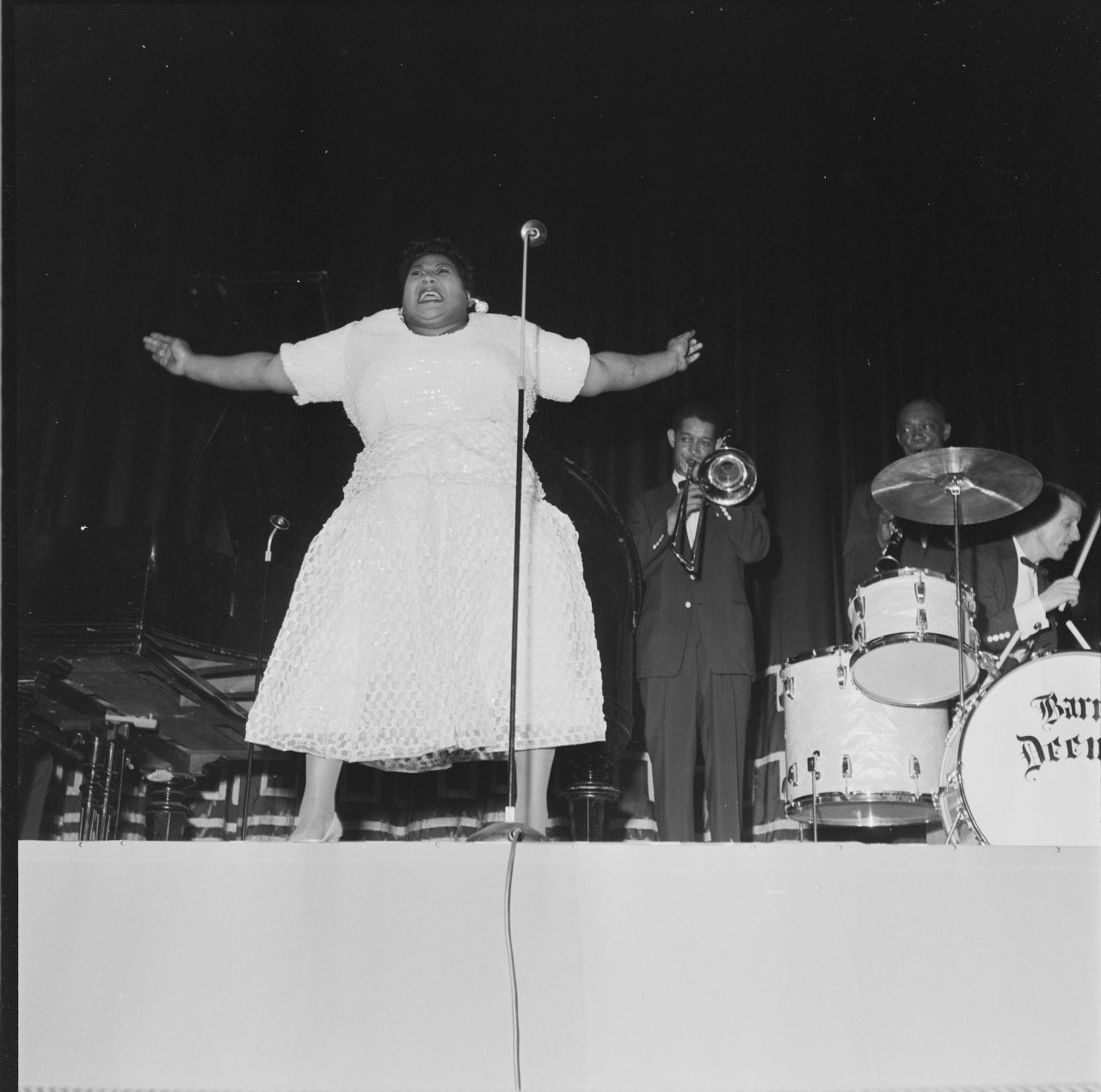 Barrett Deems performs with Louis Armstrong band and Velma Middleton in Oslo, Norway in 1955.