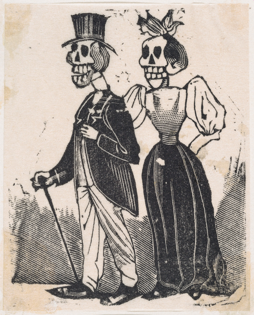 wo elegantly dressed skeletons walking, from a broadside entitled, 'El Gran Panteon Amoroso,' published by Antonio Vanegas Arroyo. ca. 1880–1910 José Guadalupe Posada