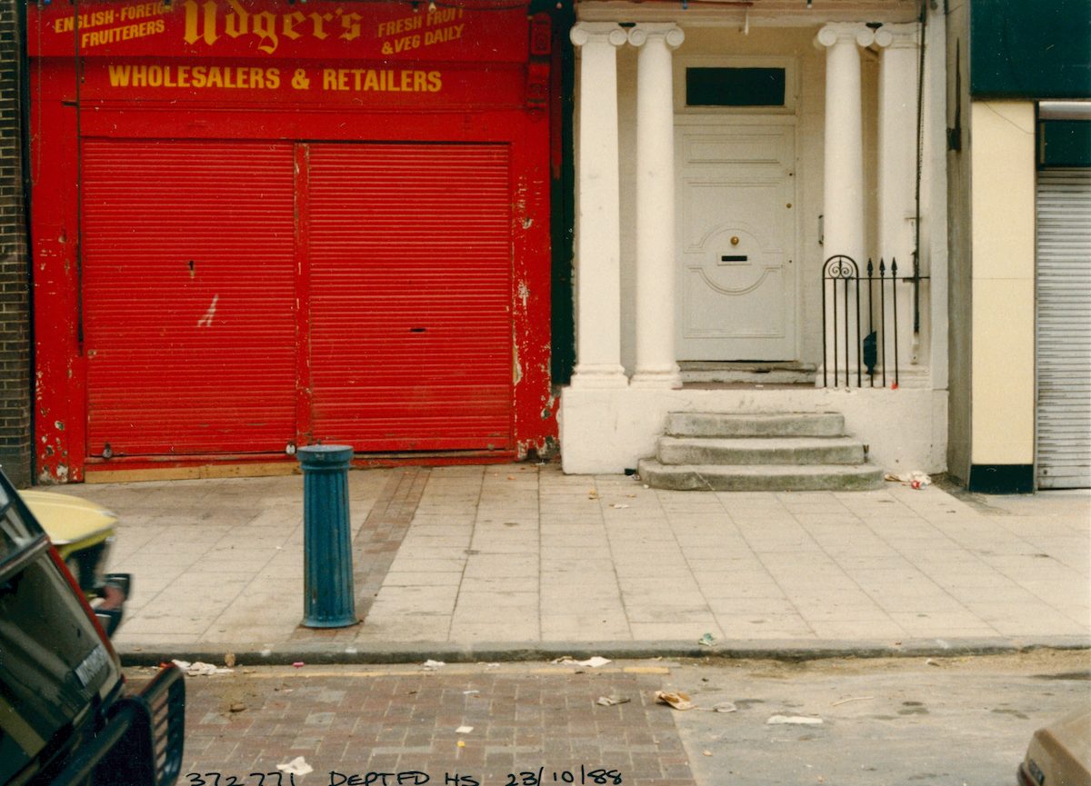 Shop shutters and Doorway, Deptford High St, Deptford, Lewisham, 1988