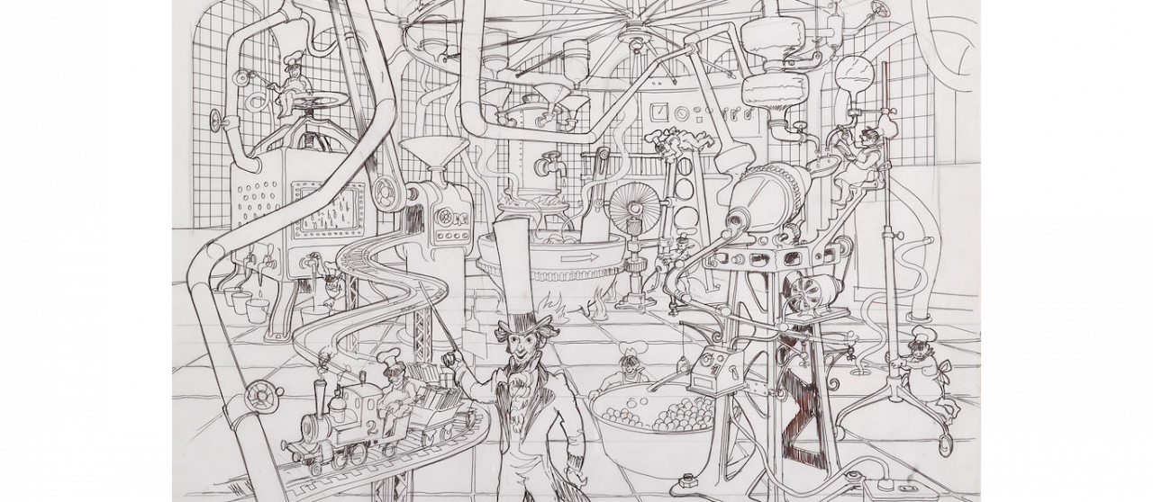 A stunning drawing of one of Goff's alternate, larger, and more elaborate Factory interior designs. Willy Wonka is depicted at center surrounded by Oompa-Loompas at work.