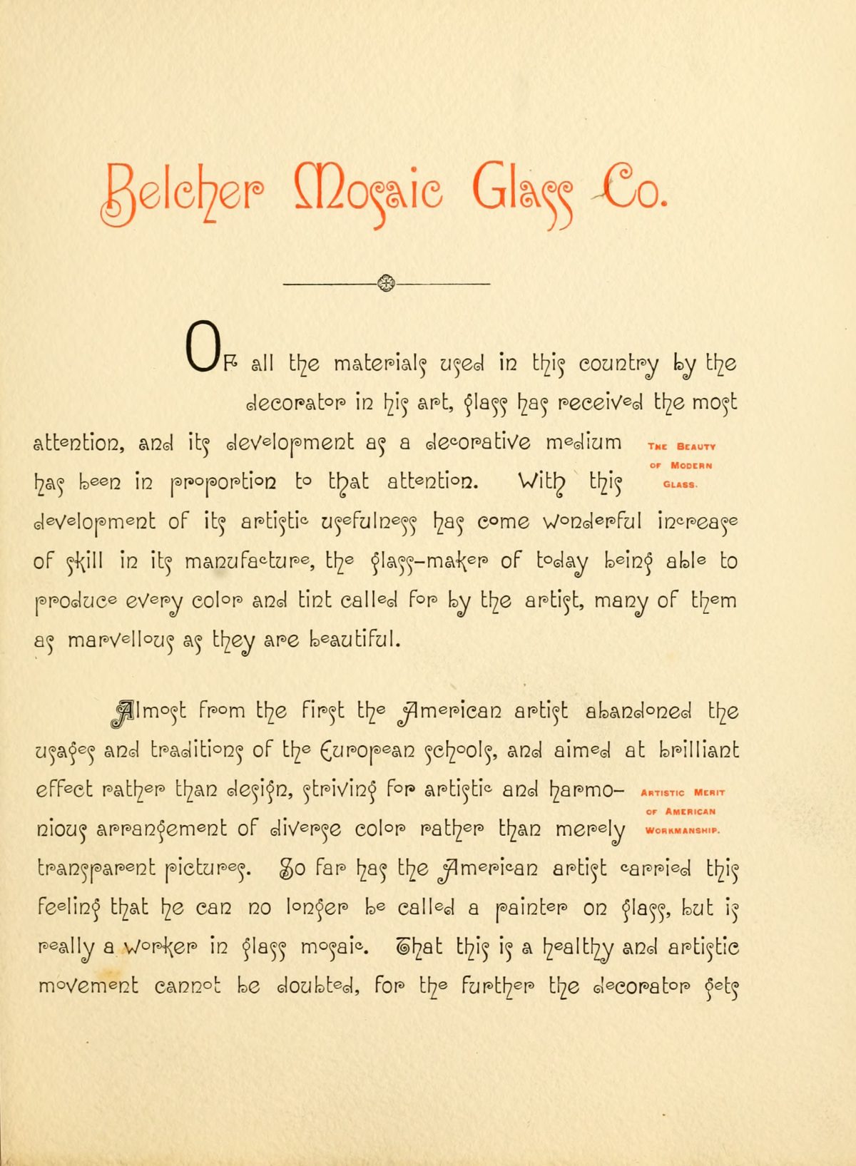 Glass Catalog by Belcher Mosaic Glass Co. New York, N.Y. 1886