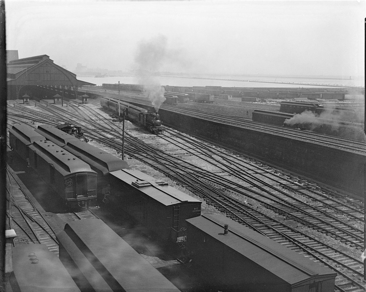 Illinois Central Railroad (IC) large rail yard and trestle running parallel to Lake MichiganGeorge Silas Duntley Photographs 1899-1918
