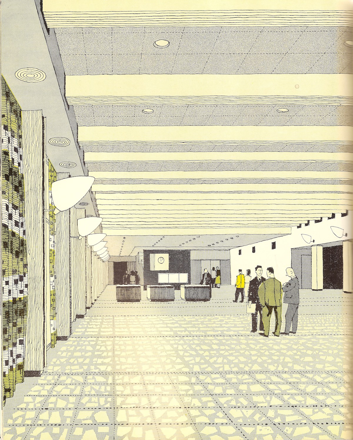 The Exhibition Hall, London Heathrow Airport - illustration by Gordon Cullen - 1956 Cullen produced many architectural drawings and sketches in the post-war period and this is typical of the style of his work. The interiors are very 'Brave New Elizabethan' in style, just after the Festival of Britain.