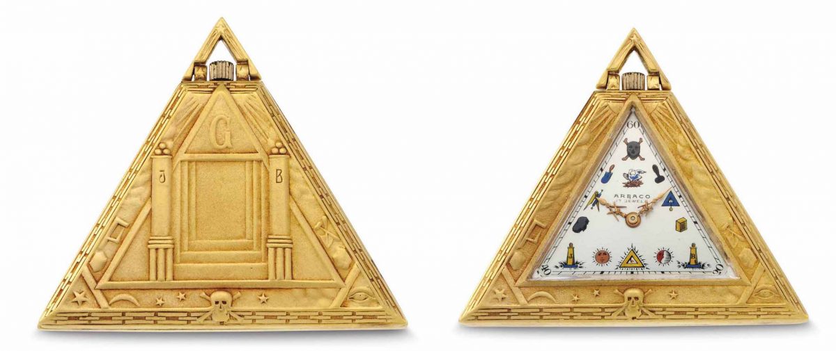 Arbaco. A Fine Gold Filled Triangular-Shaped Keyless Lever Masonic Pocket Watch with Presentation Box