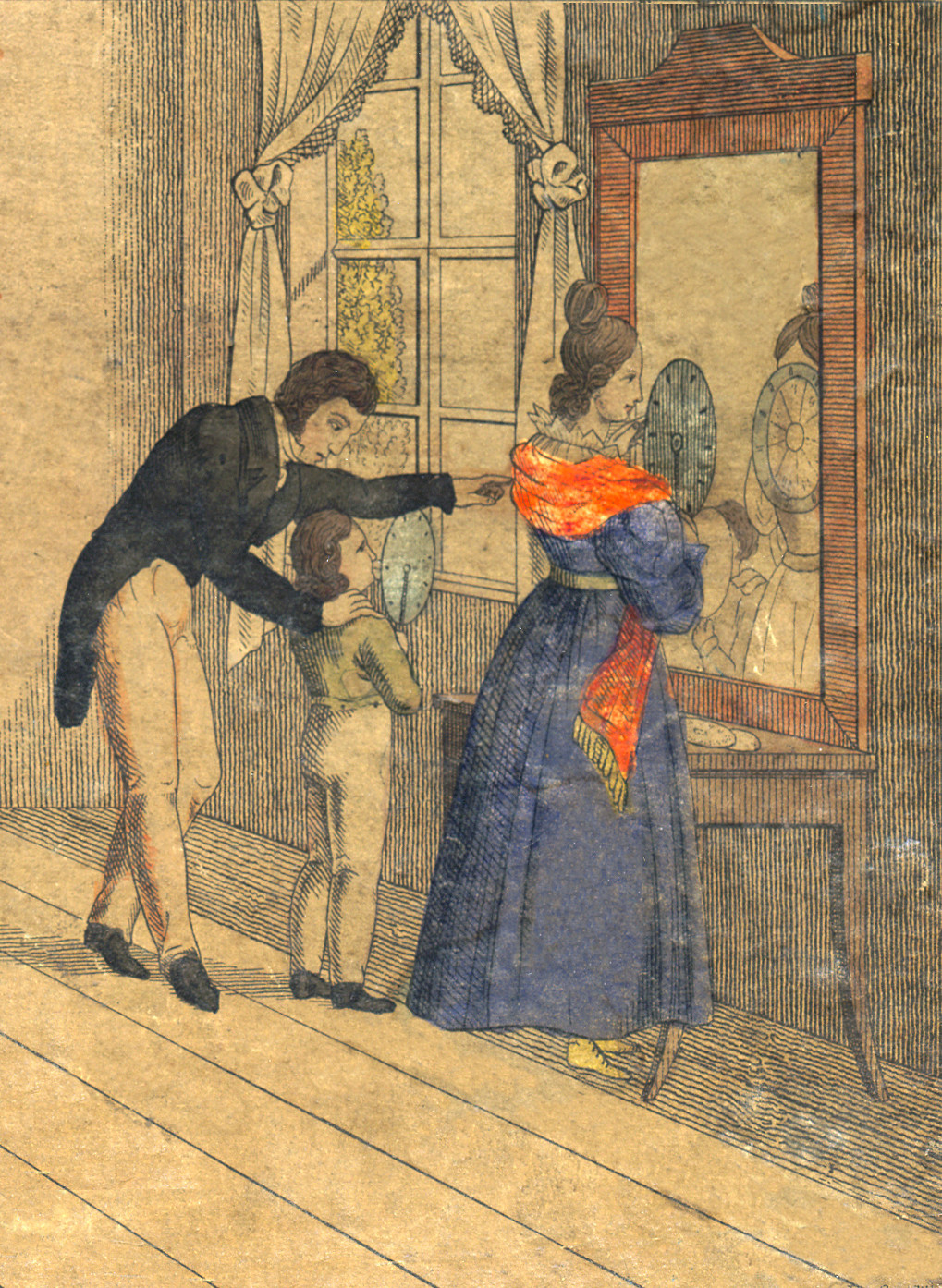 A woman viewing an animation in a mirror through the slits of a stroboscopic disc (detail of an illustration by E. Schule on the box label for Magic Disk - Disques Magiques, circa 1833)