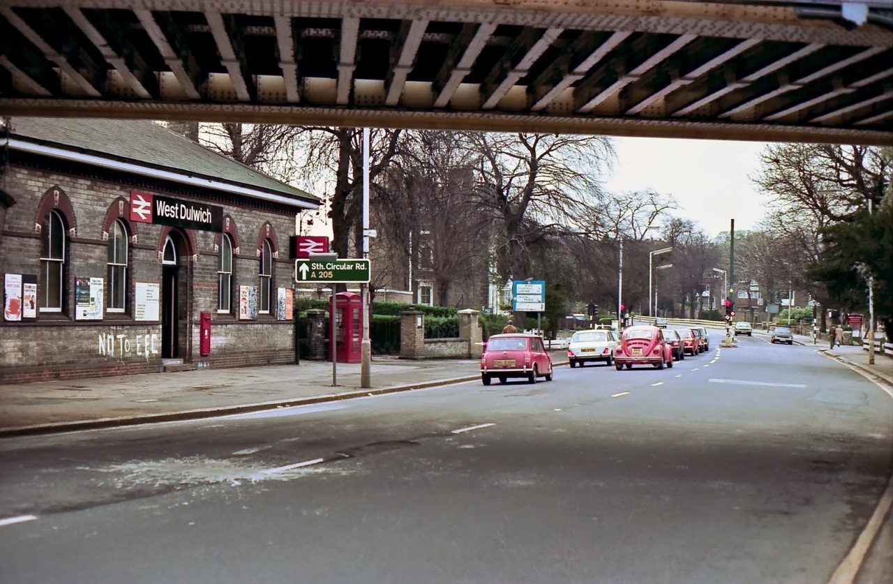 London cars 1970s Thurlow Park Road and West Dulwich railway station, London SE21. 16th March 1975.