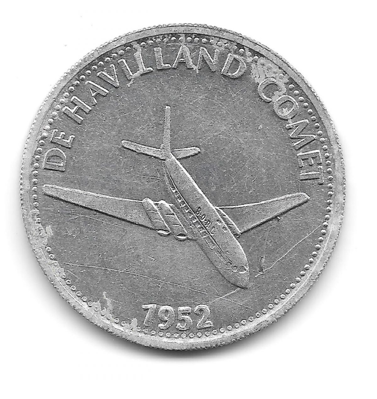 Shell, coins, Man in Flight, 1970s, De Havilland Comet