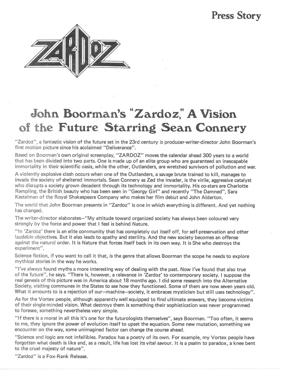 John Boorman, Zardoz, Sean Connery, Charlotte Rampling, film, 1974, sci-fi, cult films, press pack