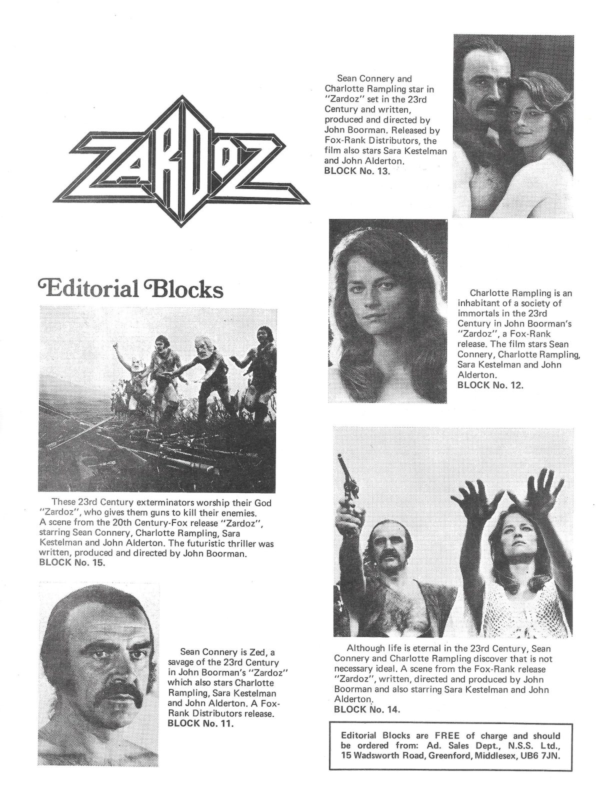 John Boorman, Zardoz, Sean Connery, Charlotte Rampling, film, 1974, sci-fi, cult films, press pack