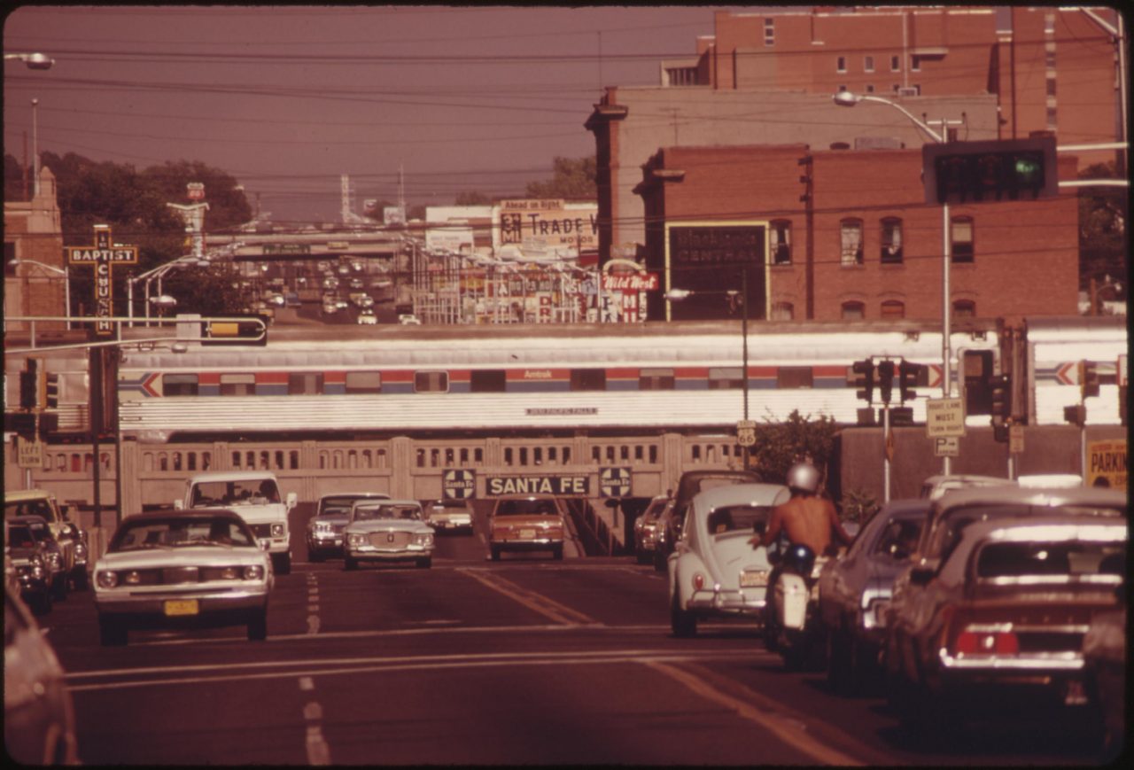 Amtrak's Southwest Limited crossing central avenue in downtown Albuquerque, New Mexico, on its trip from Los Angeles California, to Chicago, June 1974
